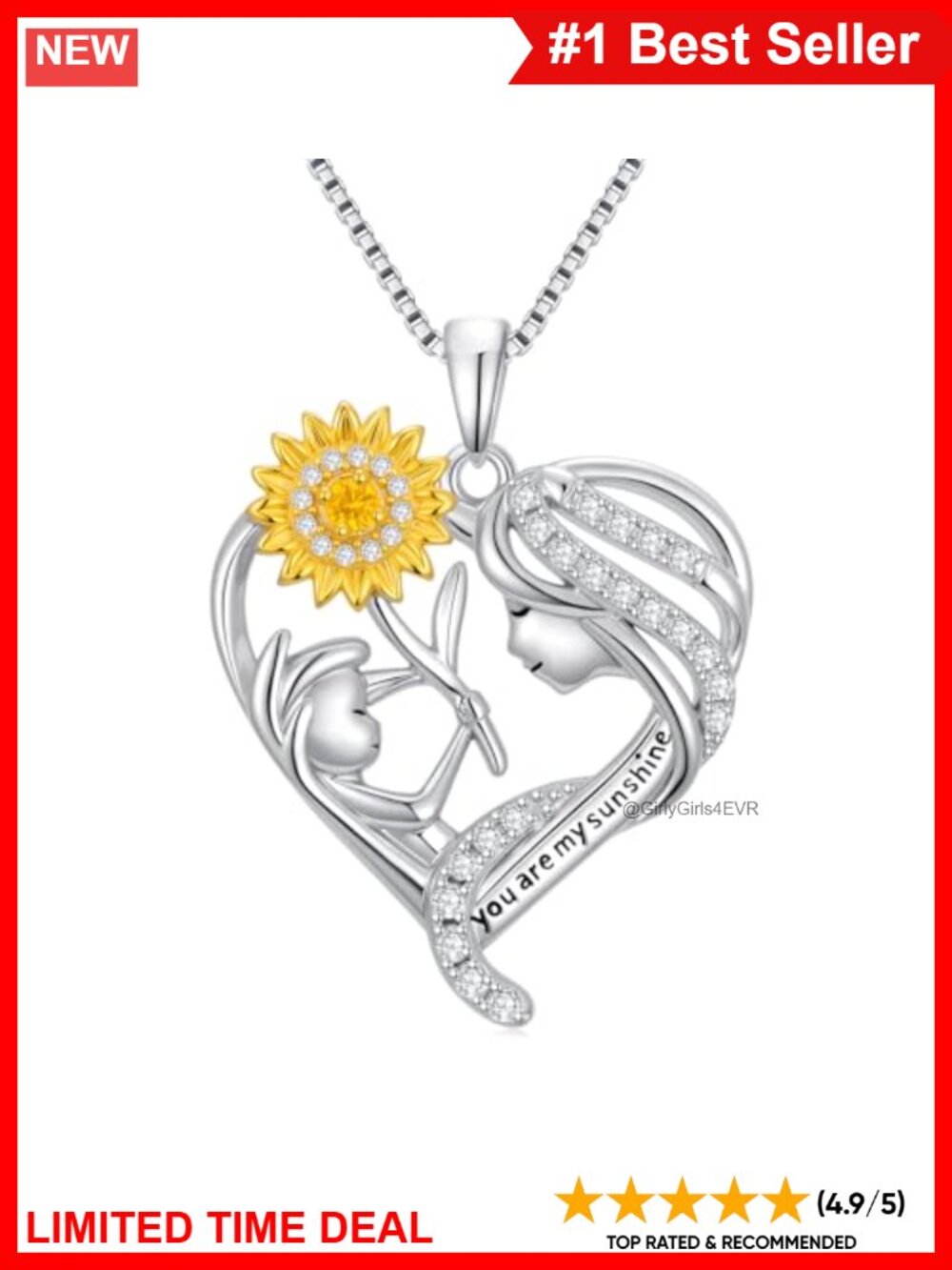 18K White Gold Plated Heart Pendant Necklace "You Are My Sunshine" Mothers